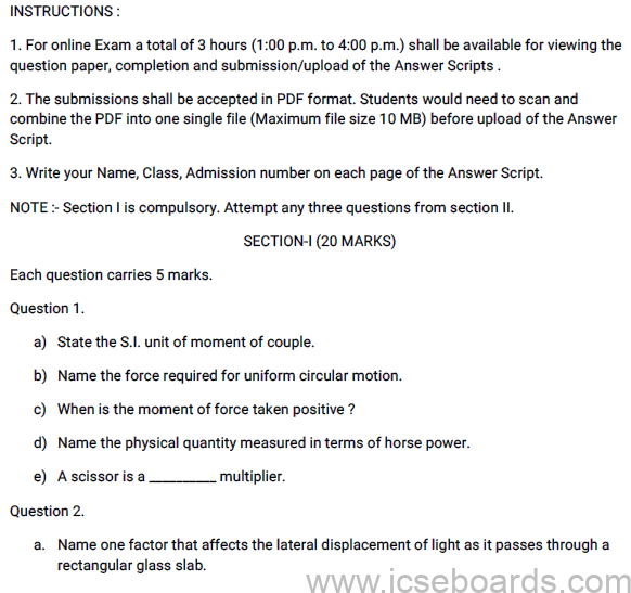 Sample Paper ICSE Class 10 Physics Set E